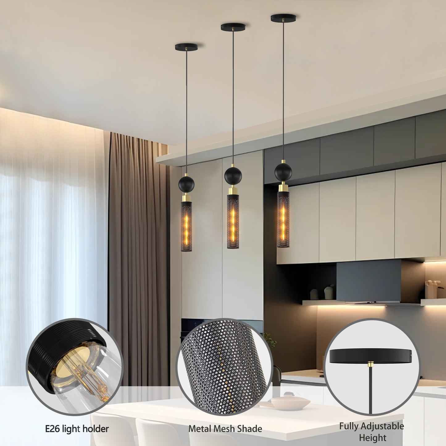 Modern Black Wrought Iron Pendant Light For Kitchen Island, Adjustable Cord Pendant Fixture, Hanging Lighting Over Kitchen Island, Indoor Chandelier For Bedroom & Bathroom