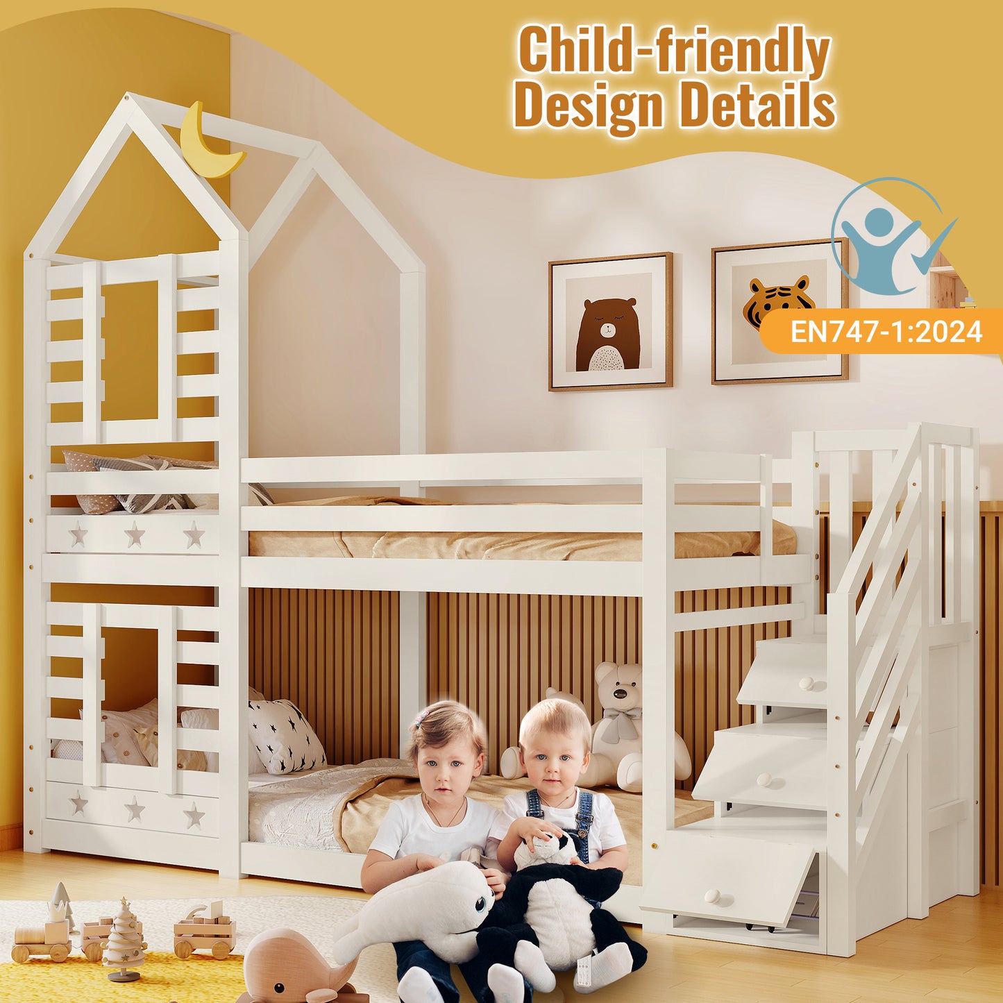 Bunk Bed Storage Children Cabin Bed Single Bed With Window For Kids, Twin Sleeper 190x90 Cm, Solid Pine Wood,3FT -White
