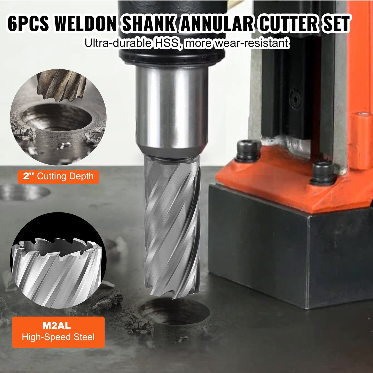 Annular Cutter Set, 6 Pcs Weldon Shank Mag Drill Bits, 1' To 2' Cutting Diameter, 2' Cutting Depth, M2AL High-Speed Steel, With 2 Pilot Pins And Portable Case, For Using With Magnetic Drills