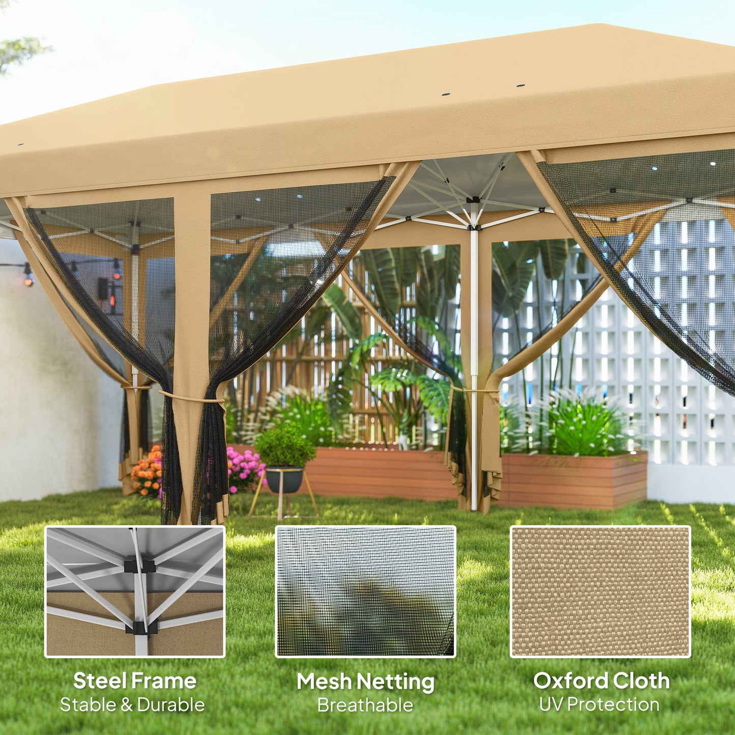 10' X 20' Pop Up Canopy Tent With Netting, Heavy Duty Instant Sun Shelter, Large Tents For Parties With Carry Bag For Outdoor, Garden, Patio, Beige