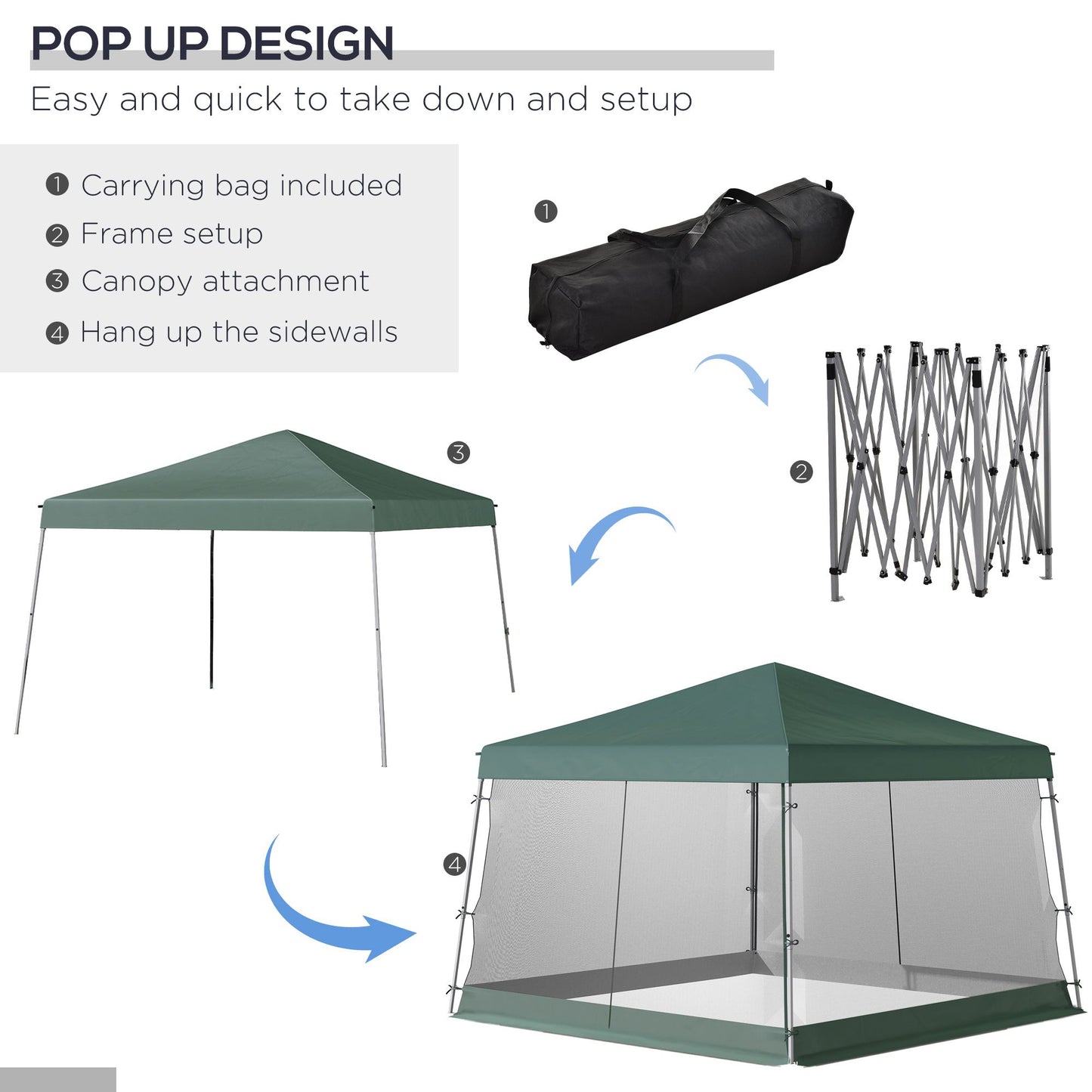 Slant Leg Pop Up Canopy Tent with Netting and Carry Bag, Instant Sun Shelter, Tents for Parties, Height Adjustable, for Outdoor, Garden, Patio, (11.5'x11.5' Base / 10'x10' Top), Green