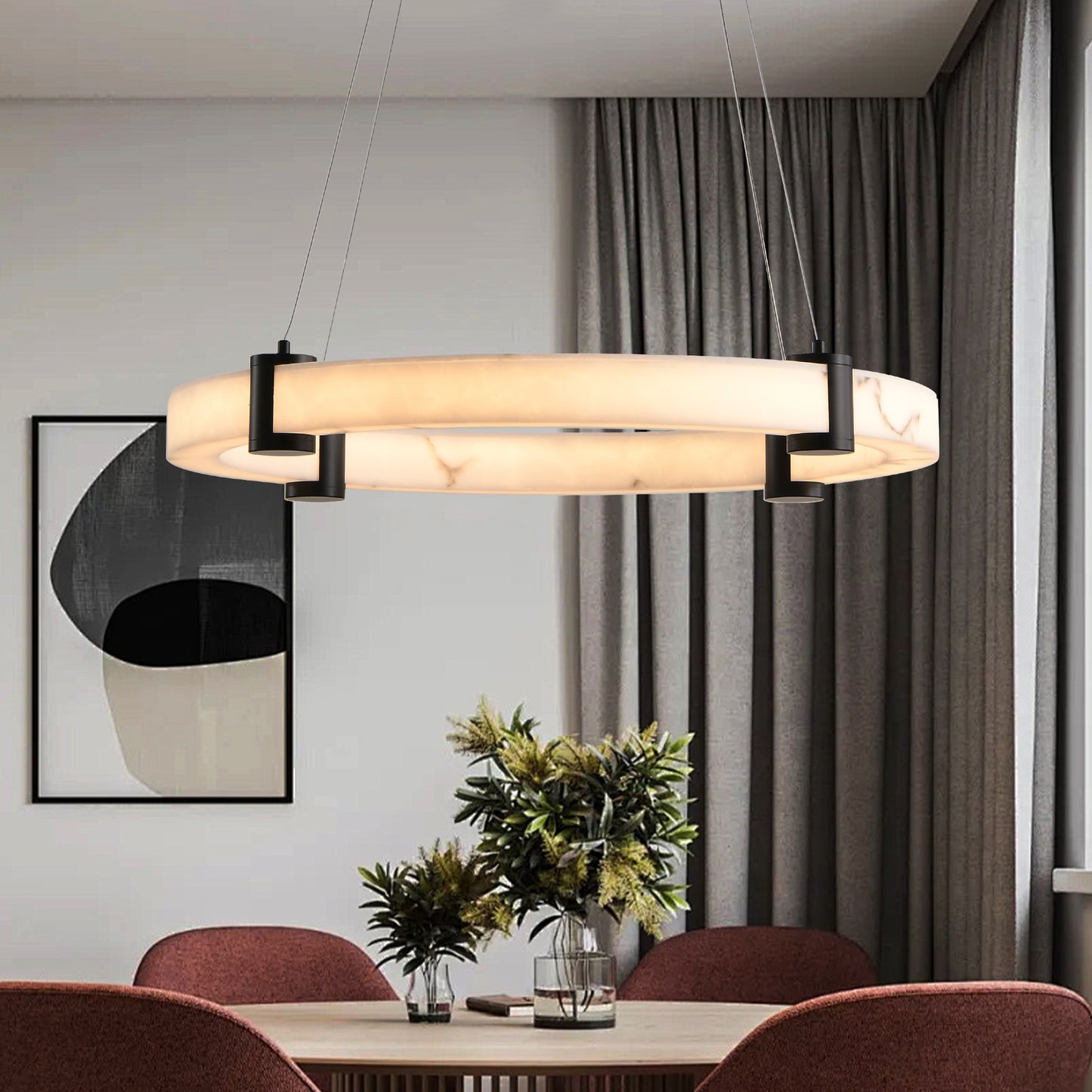 Modern LED Pendant Light, 24-Inch Round Hanging Chandelier With Adjustable Height, Marble Finish Resin Ring Ceiling Light For Dining Room, Kitchen Island, Living Room