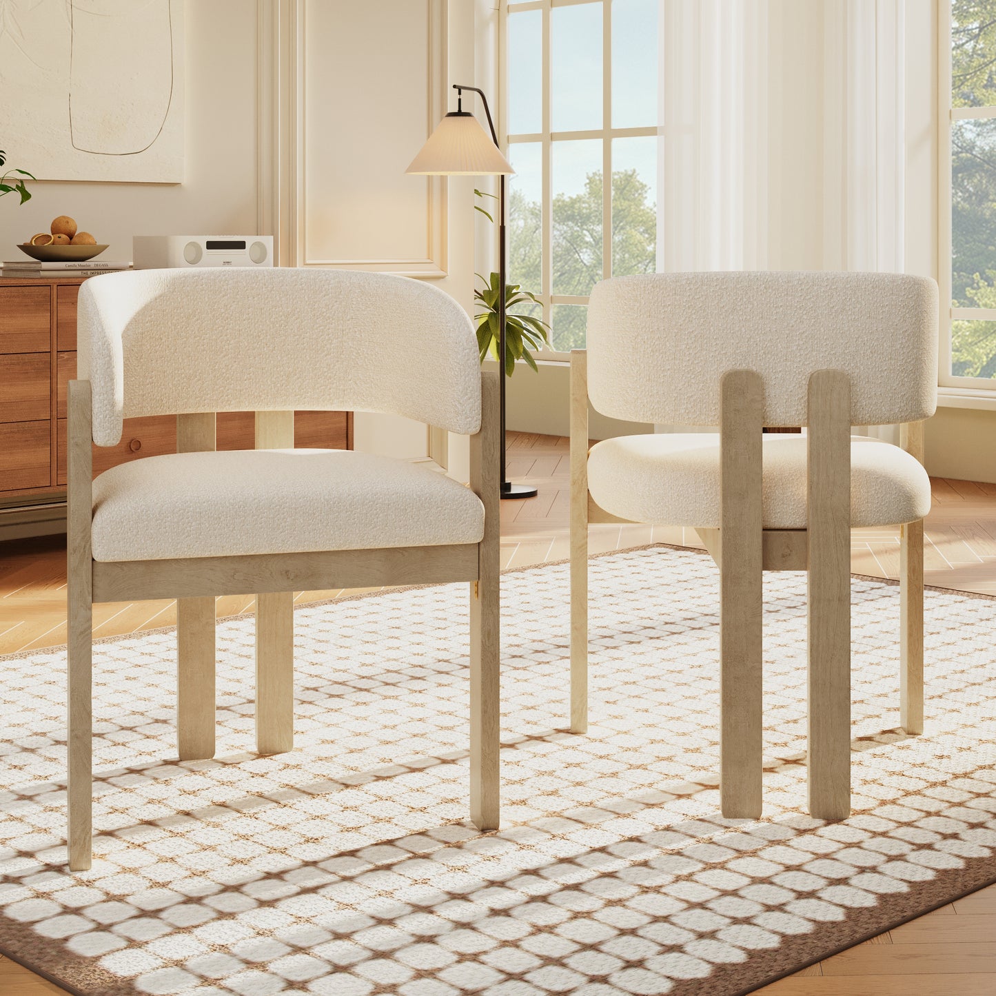 Set Of 6, Solid Wood Chairs, Dining Chairs, Suitable For Homes, Restaurants, Living Rooms, And Cafes, Boucle, Natural Color
