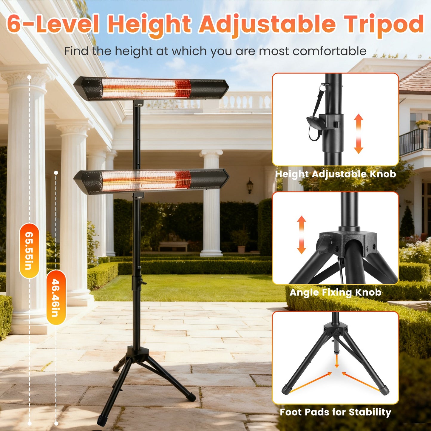 1500W Infrared Heater With Stand Electric Outdoor Patio Heater IP65 Waterproof Tripod Wall Mount With 2 Remotes 3 Heating Levels For Home Restaurant Yard Office Garage