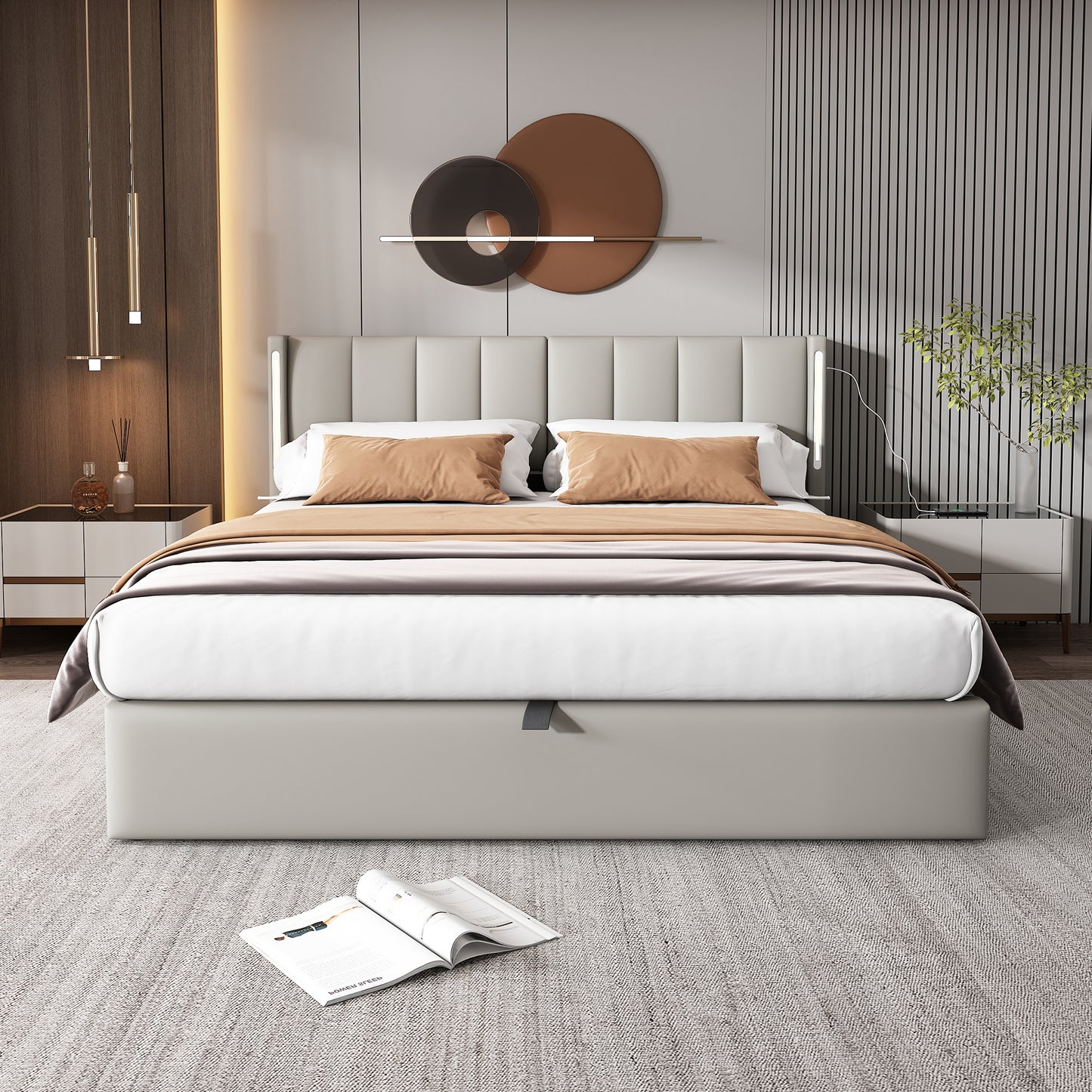LED Upholstered Bed ,King Size Bed-5ft 150X200cm Hydraulic Bed, Rechargeable USB Port In Bed, With LED Lighting, With Storage Space, Adjustable Headboard, PU , Grey