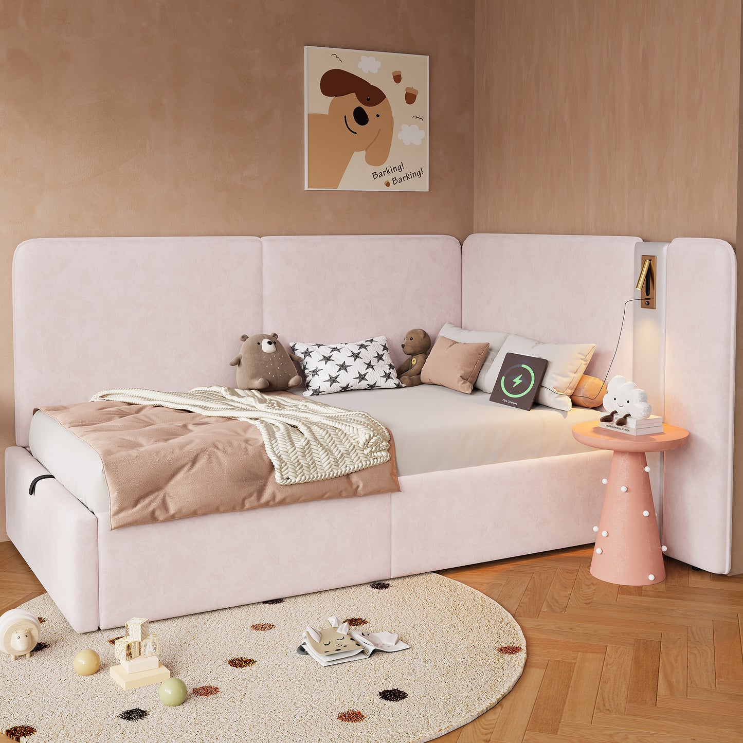 Daybed,  3FT Single Bed 90x190cm, L-shaped Upholstered With Storage, Sofa Bed, Hydraulic Bed With USB Charging Port And Reading Lamp, Velvet, Pink
