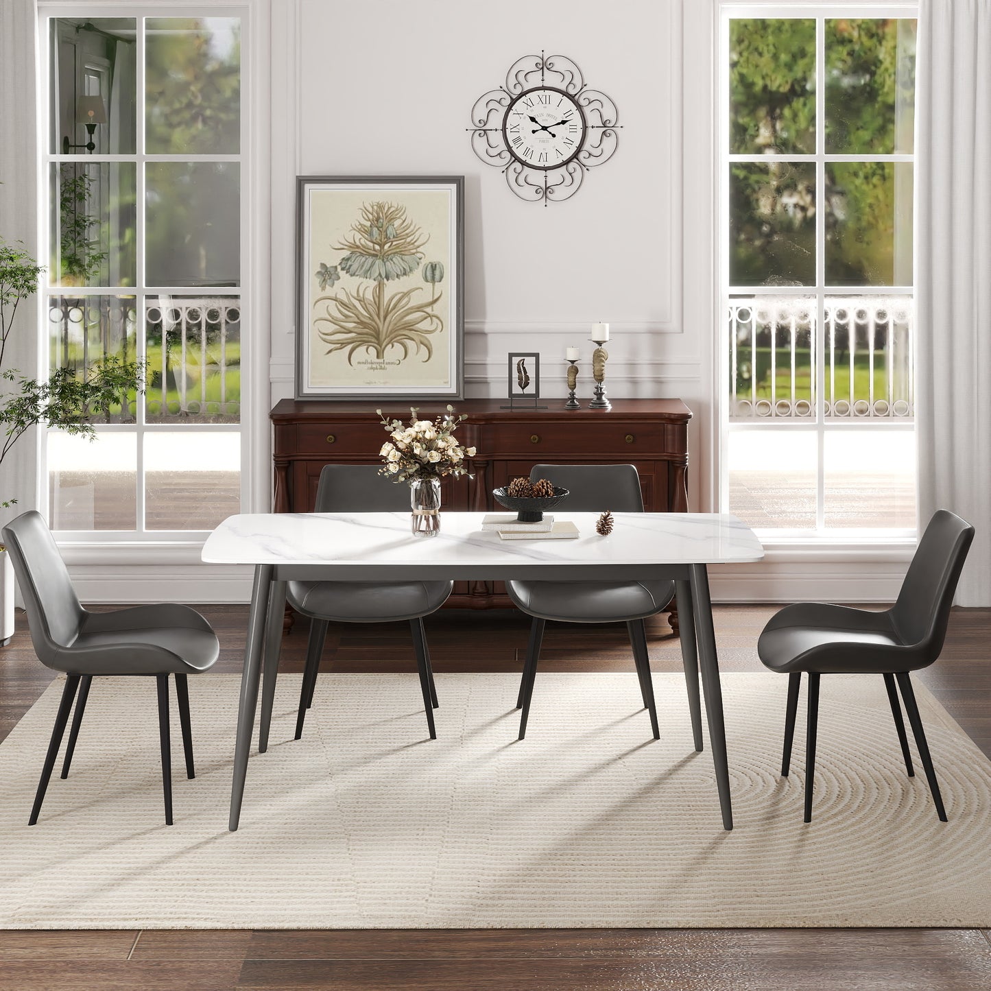 62.99  Modern Artificial Stone White Curved Edge Dark Grey Metal Leg Dining Table-Can Accommodate 6 People Dining Table Only