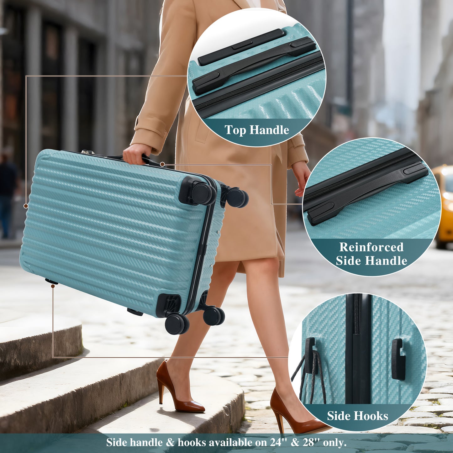 3-Piece Luggage Set, Durable Hardshell ABS Suitcase With Spinner Wheels, TSA Lock, Side Hooks, Lightweight Carry-On & Checked Luggage