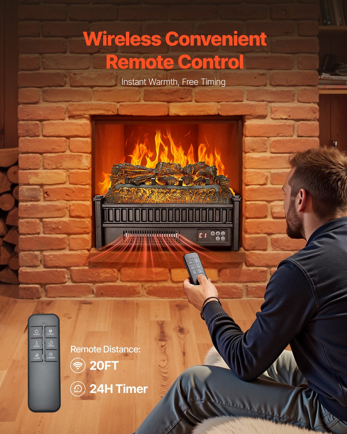 Electric Fireplace Log, 20 Inch Fireplace Insert Log Heater, With Remote Controller, 5 Adjustable Flame Brightness, 24H Timer, Overheat Protection, Thermostat, For Home And Office Decor Black