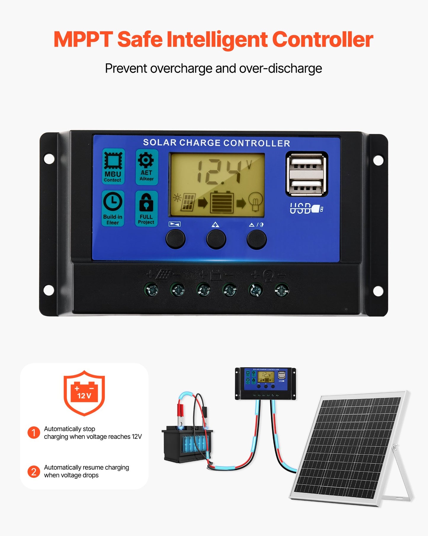 20W 12V Solar Panel Battery Charger, Solar Battery Trickle Charger Maintainer With Intelligent MPPT Controller & Adjustable Mount Bracket, IP67 Waterproof For Car Boat RV Motorcycle Trailer