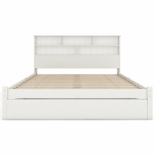 Bed With Shelves, White Wooden Storage Bed, Underbed Drawer - 4ft6 Double 135 X 190 Cm