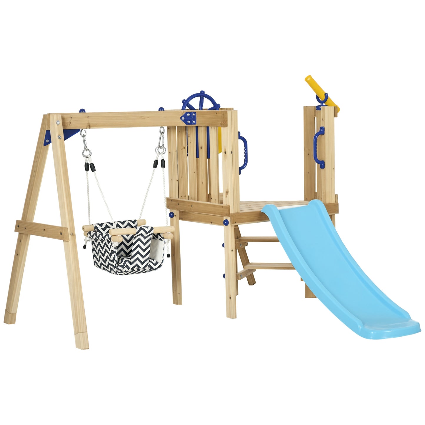 Swing Set for Backyard, Wooden Toddler Outdoor Playset with Baby Swing Seat, Kids Slide, Fort, Playground Equipment with Captain's Wheel, Telescope for Ages 1.5-4, Natural