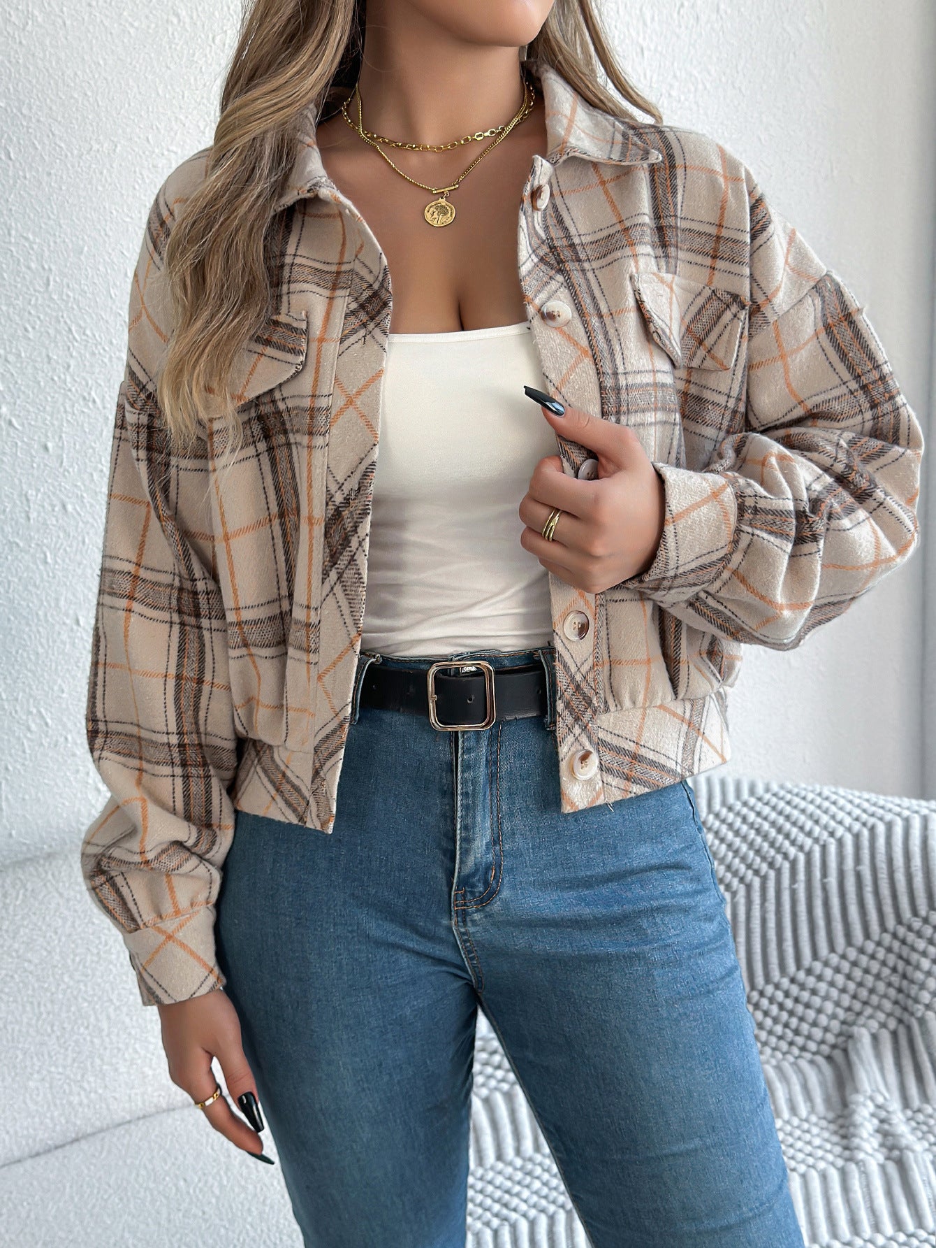 Autumn And Winter Casual Plaid Pocket Long Sleeve Woolen Jacket Coat