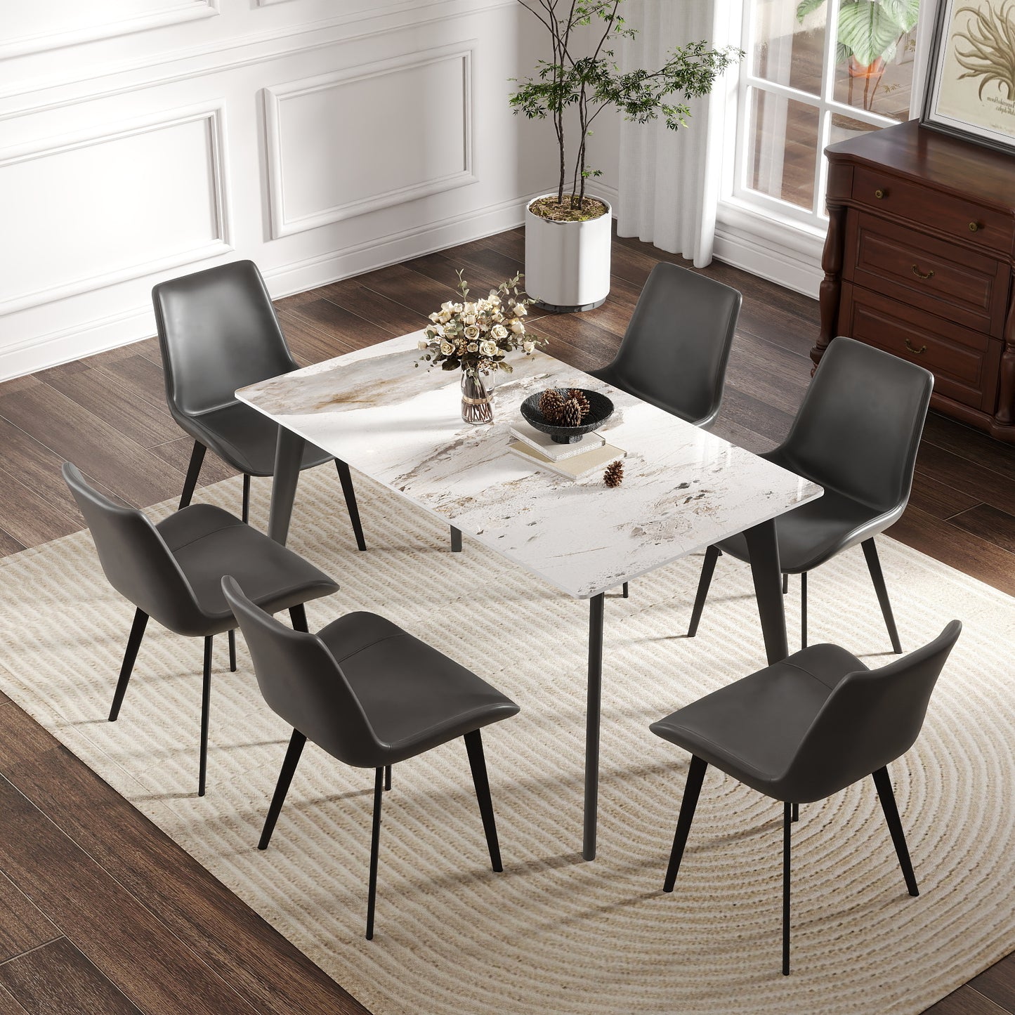 55.12  Modern Artificial Stone White Pandora Straight Edge Dark Grey Metal Leg Dining Table-Can Accommodate 6 People Dining Table Only