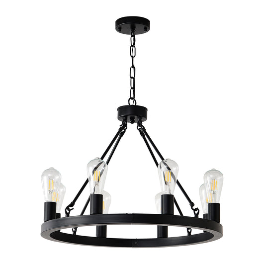 8-Light No Bulbs Matte Black Wagon Wheel Chandelier Farmhouse Modern Small Round Chandelier For Living Room Kitchen Island Foyer Hallway Entryway Bedroom Dining Room Light Fixture Ceiling Hanging
