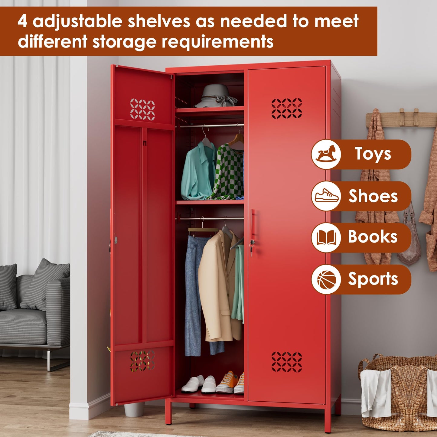 Deepen Metal Wardrobe Cabinet With Adjustable Shelves,Wardrobe Closet For Hanging Clothes,Metal Wardrobe Storage Cabinet For Home,Assembly Required,Red