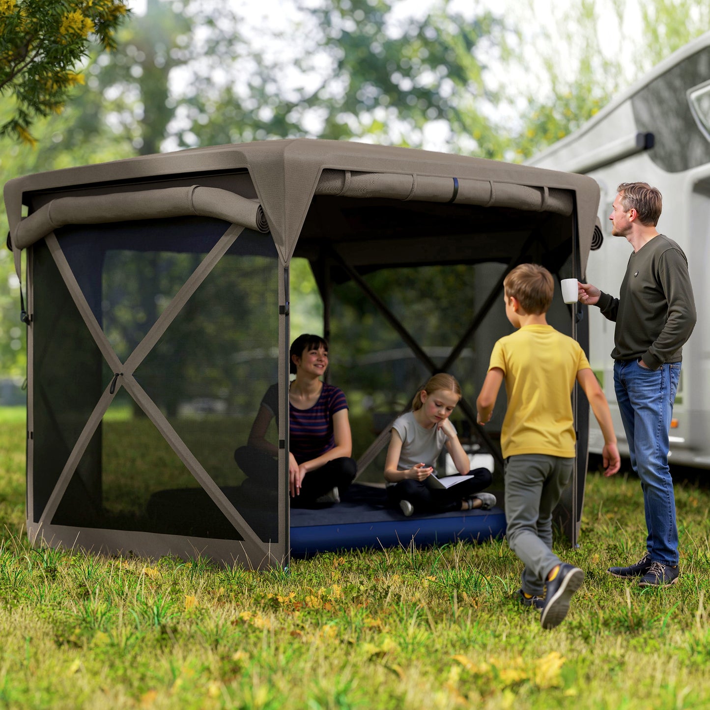11 X 11ft Up Gazebo Screen Tent With Removable Roof Cover, Roll-up Wind Panels For Camping, Backyard, Brown