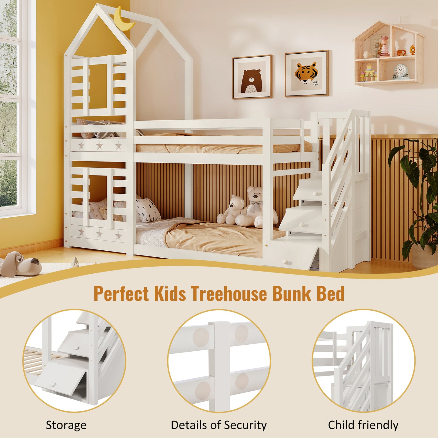 Bunk Bed Storage Children Cabin Bed Single Bed With Window For Kids, Twin Sleeper 190x90 Cm, Solid Pine Wood,3FT -White