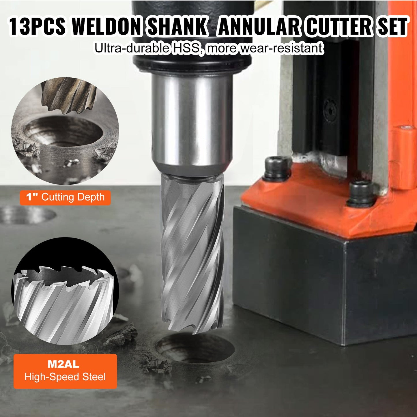 Annular Cutter Set, 13 Pcs Weldon Shank Mag Drill Bits, 7/16' To 1-1/16' Cutting Diameter, 2' Cutting Depth, M2AL HSS, With 2 Pilot Pins, Hex Wrench And Portable Case, For Using With Magnetic Dr