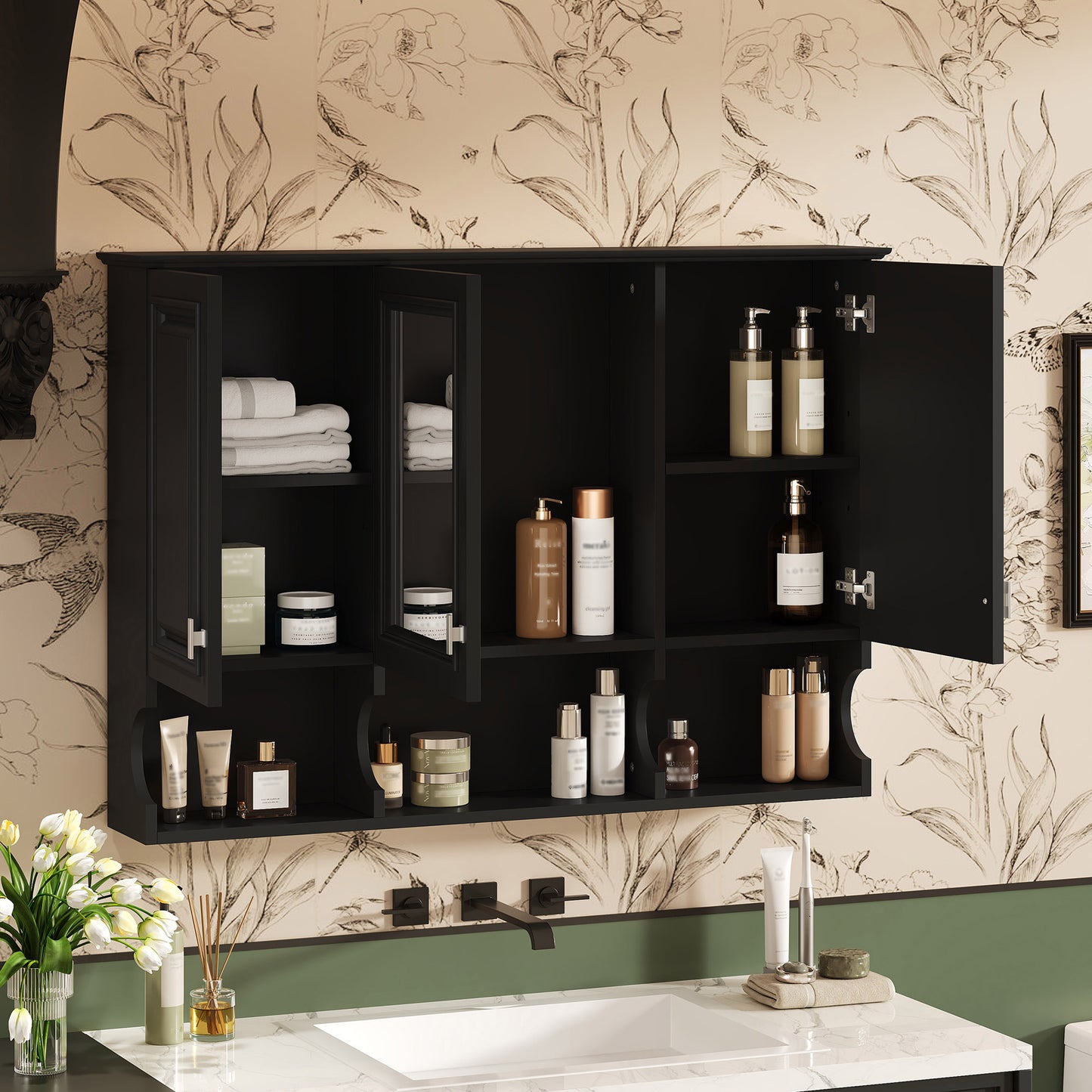 41 Inch Mirror Medicine Cabinet With Open Shelves, Wall Mounted Home Storage With Doors & Mirror, Adjustable Shelf, Bathroom Storage Cabinet Over Toilet