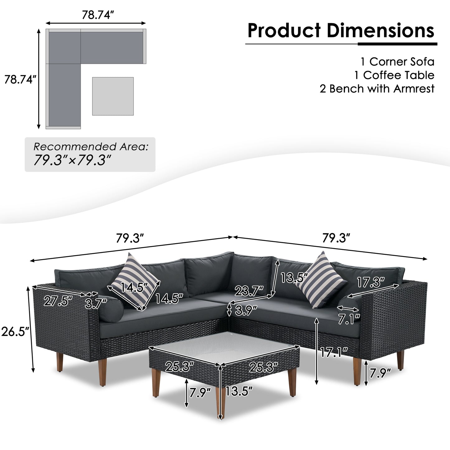 GO 4-pieces Outdoor Wicker Sofa Set, Patio Furniture With Colorful Pillows, L-shape Sofa Set, Gray Cushions And Black Rattan