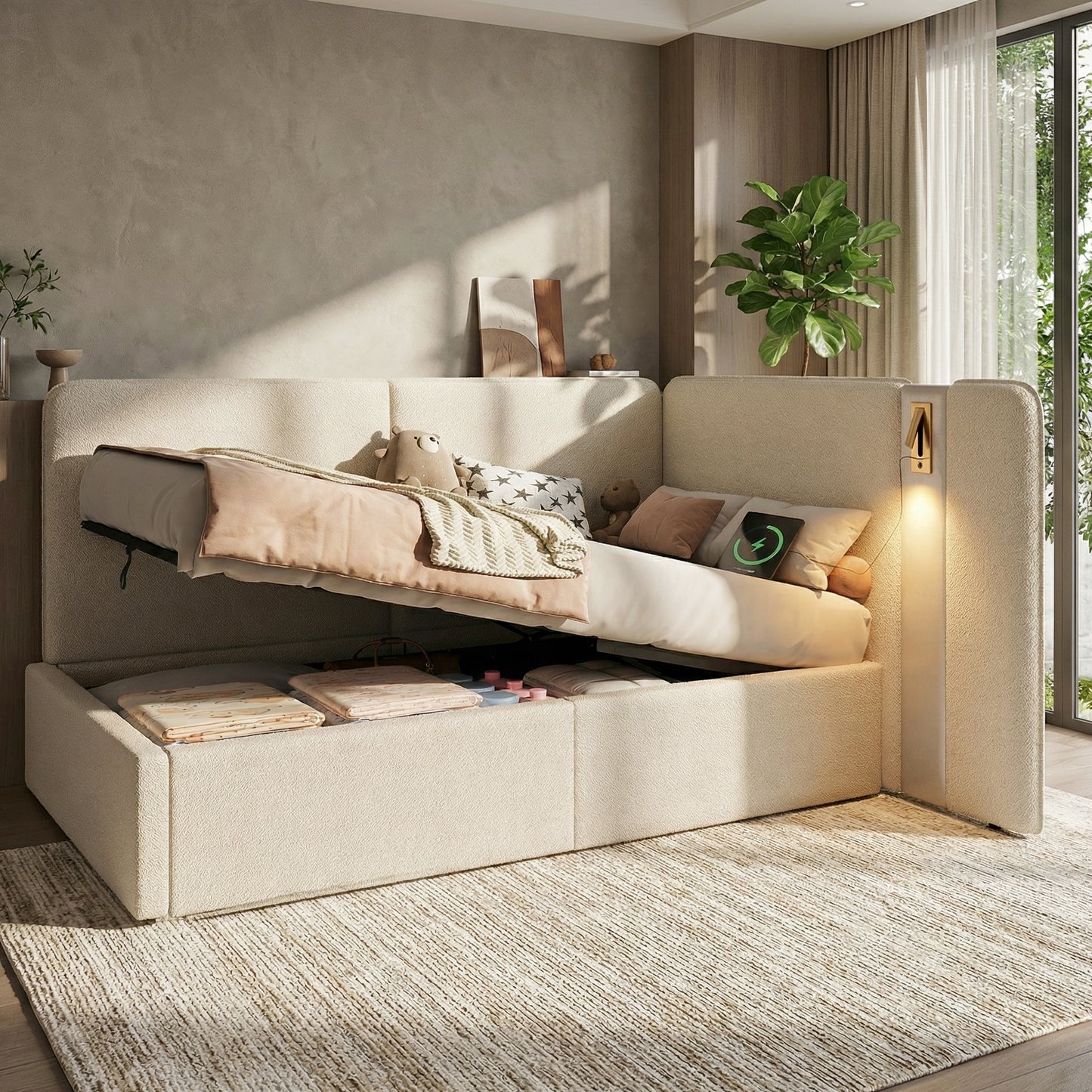 Daybed,  3FT Single Bed 90X190cm, L-shaped Upholstered With Storage, Sofa Bed, Hydraulic Bed With USB Charging Port And Reading Lamp, Beige Boucl