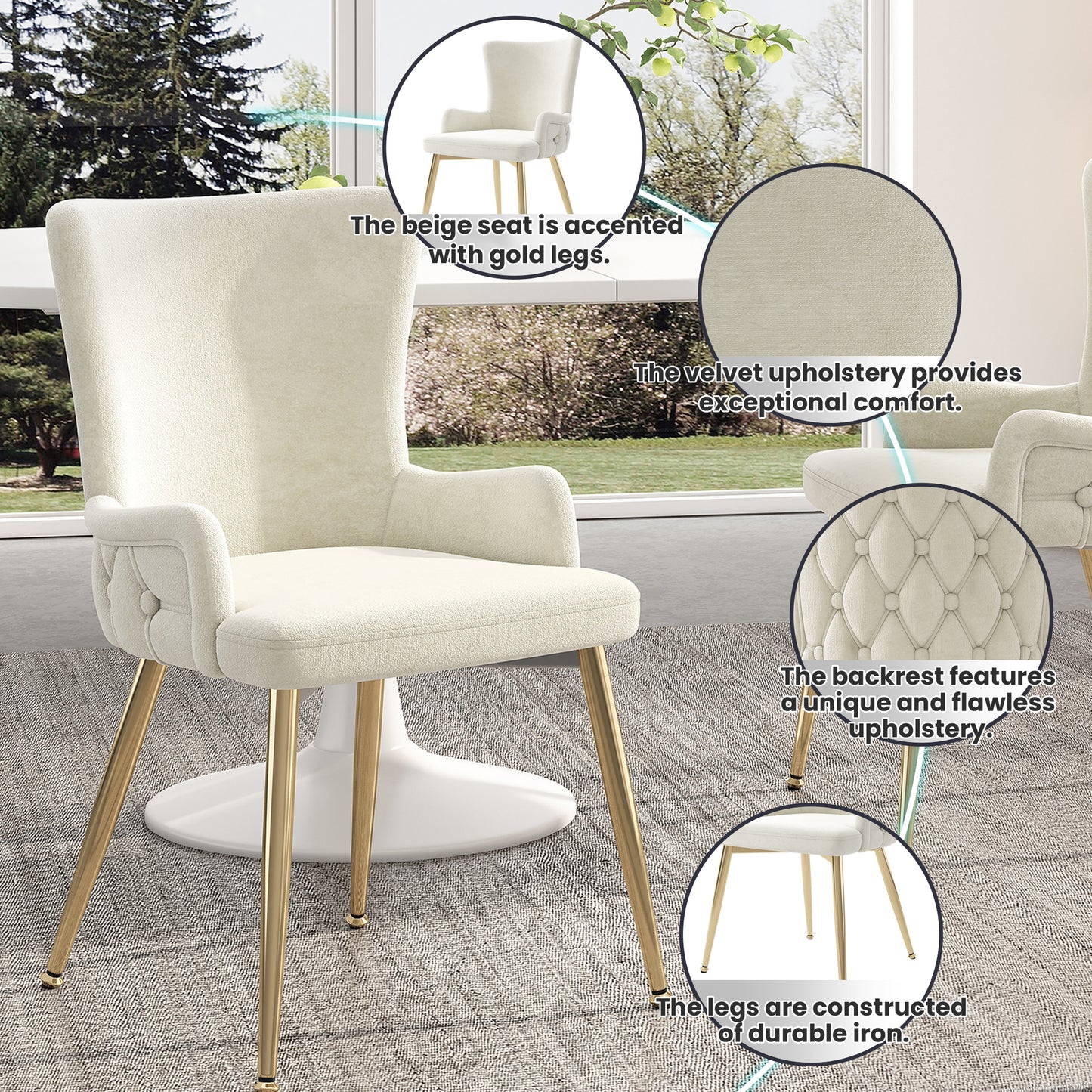 Velvet Dining Chair, Set Of 6, Luxurious Living Room Bedroom Lounge Chair With Four Gold-colored Metal Support Legs, Beige