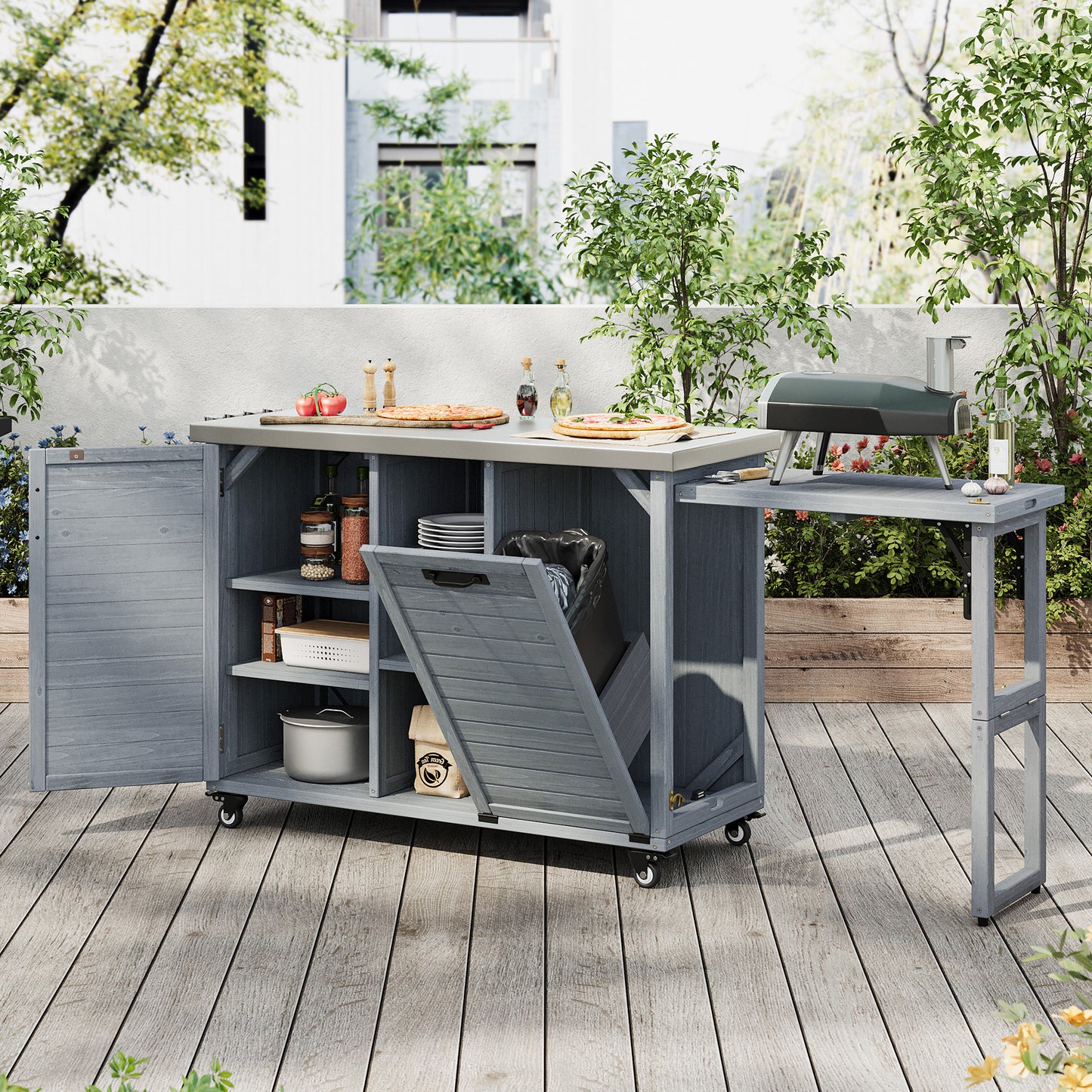 K&K 78.3  Outdoor Kitchen Island With Foldable Grill Table, Wooden Outdoor Grill Cart With Trash Can Storage & Stainless Steel Top, Outdoor Bar Cart, Pizza Oven Table For Lawn & Garden, Grey Blue