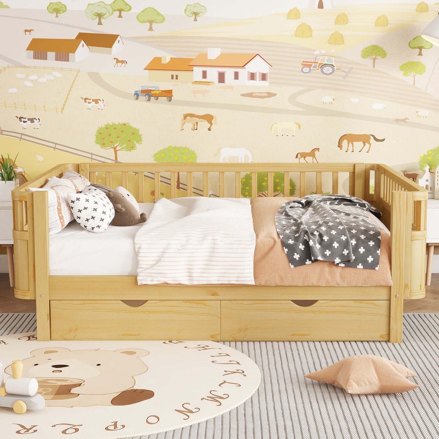 Full Size Wood Platform Bed For Kids, Wood Low Profile Full Bed With Rails For Girls And Boys, Natural