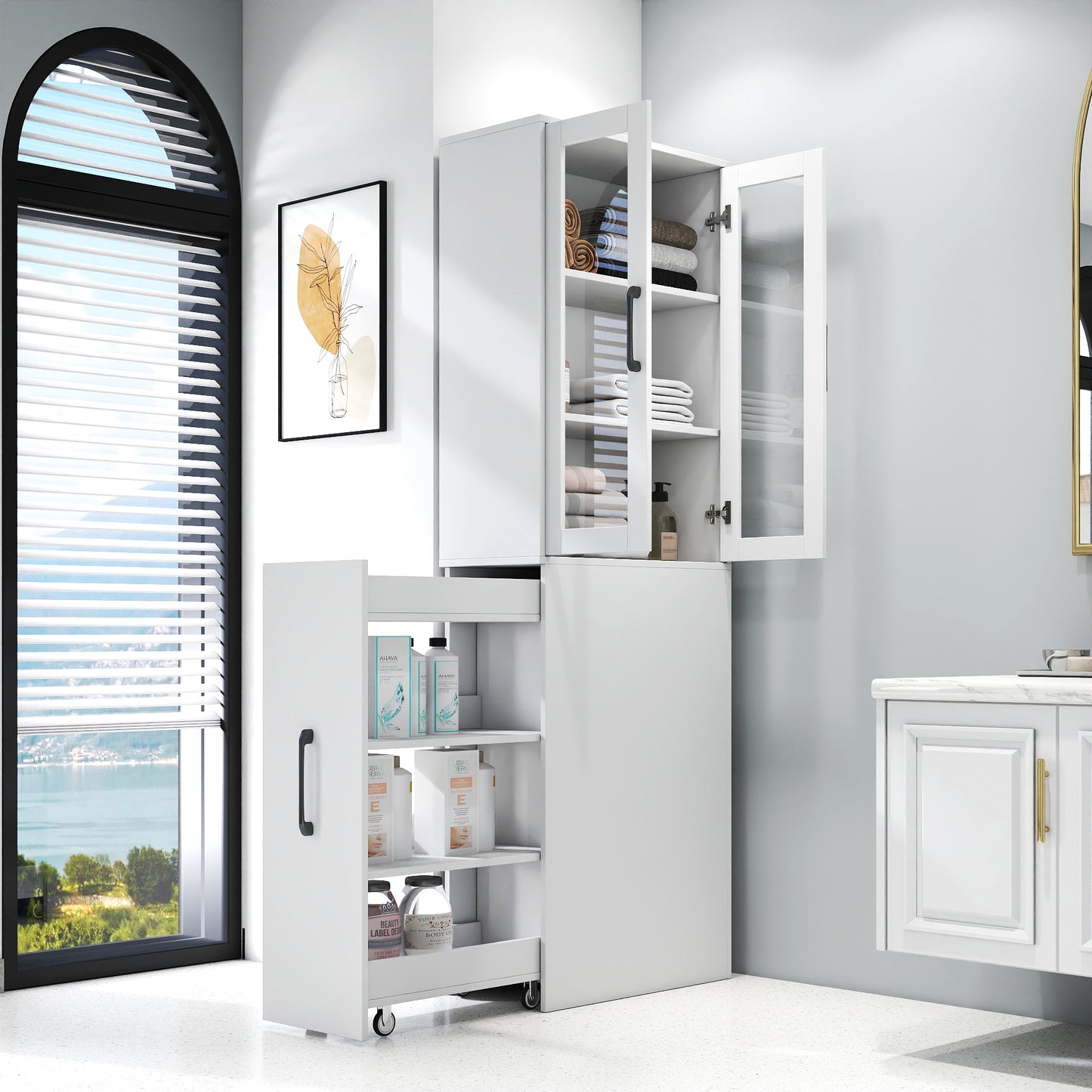 70.87 H Display Storage  Cabinet , 4 Tier Multi-functional Pull-out Multi-tier Storage Shelf & 2 Glass Doors, Modern Wooden  Kitchen Pantry Cabinet For Living Room Or Kitchen And Dinning Room