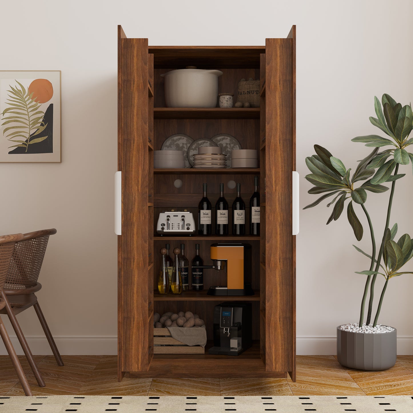 62.99in Kitchen Pantry Cabinet, Walnut  Freestanding Buffet Cupboards Sideboard With Doors &  Shelves, Kitchen Pantry Storage Cabinet For Kitchen, Living Room And Dinning Room