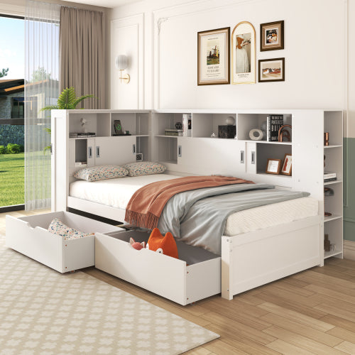 Platform Bed With Trundle  Bookcase  USB,Single Bed-3ft 90x190cm,Household Bed, Multifunctional Bed,with 2 Storage Drawers, Dust-proof Cabinet And Shelves, Large Storage Space,white