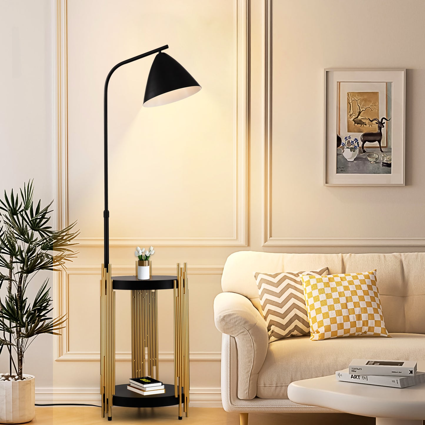 Luxury Shelves Floor Lamp For Living Room With Metal Lampshade, Standing Lamp Tall Industrial Floor Lamp Reading For Bedroom, Office E26 No Included Bulb -Matte Gold Matte Black