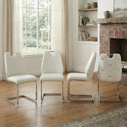Dining Chairs Set Of 4, White Faux Leather Kitchen Chairs With Gold Mesh Texture, Silver Back Ring And Chrome Pull Handle, High Back Upholstered Dining Room Chair  White, Set Of 4