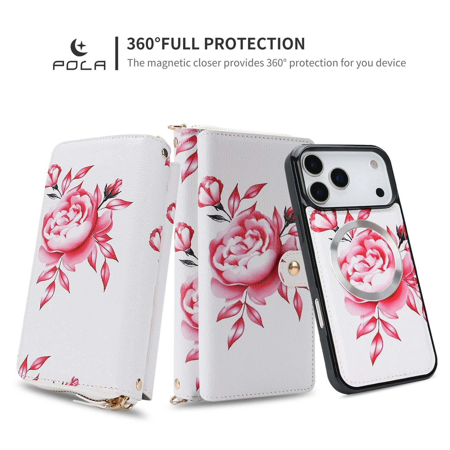 Crossbody Wallet Case For Phone 17 Pro Max 6.9 Inch Magnetic Detachable Floral PU Leather Phone Case With RFID Blocking Card Holder Wristlet Mirror Flip Zipper Shoulder Purse For Women