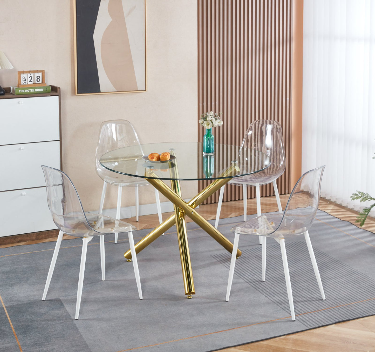Golden Dining Table With Metal Leg And Glass,Modern Space Saving Kitchen Table For Living Room,110X110X75CM