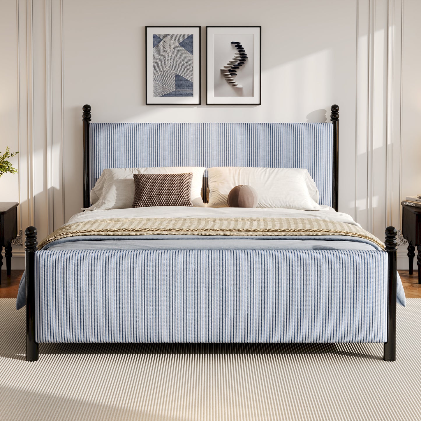48-inch Striped Rubberwood Upholstered Bed,Queen