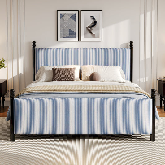 48-inch Striped Rubberwood Upholstered Bed,Queen