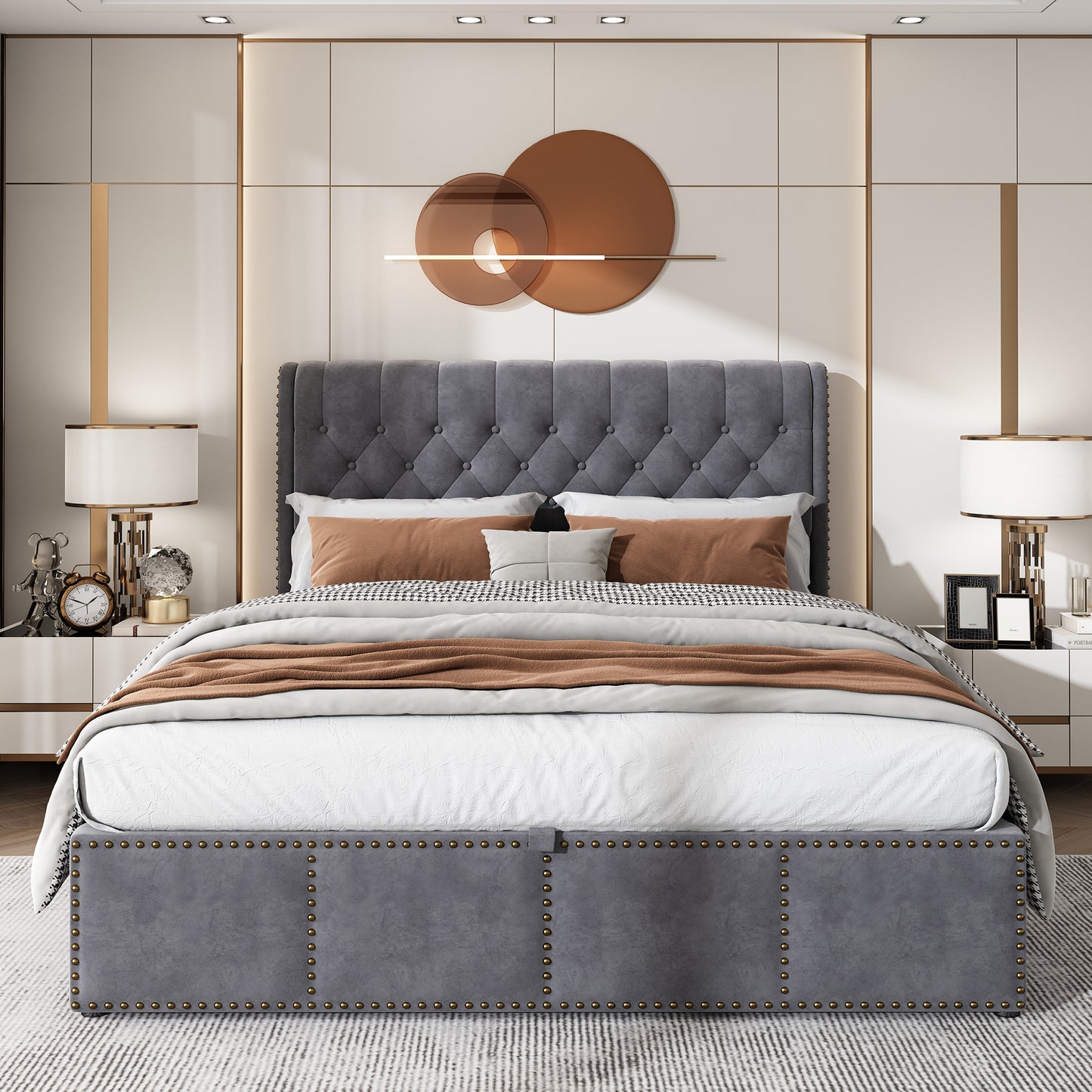 Upholstered Bed,Double Bed-4ft6 135x190cm,with Upholstered Bench 135 X 41 X 42 Cm, With Hydraulic Lever, Functional Storage Bed, Rivet Decoration,Velvet,Grey
