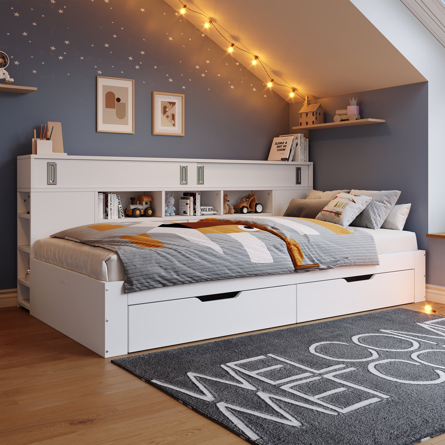Sofa Bed, Storage Dayed,Double Bed-4ft6135x190 Cm, Multifunctional Storage Bed With Drawers, Shelves And Storage Cabinets, Bed Box With Storage Space, Suitable For Adults, Mattress Not Included, White