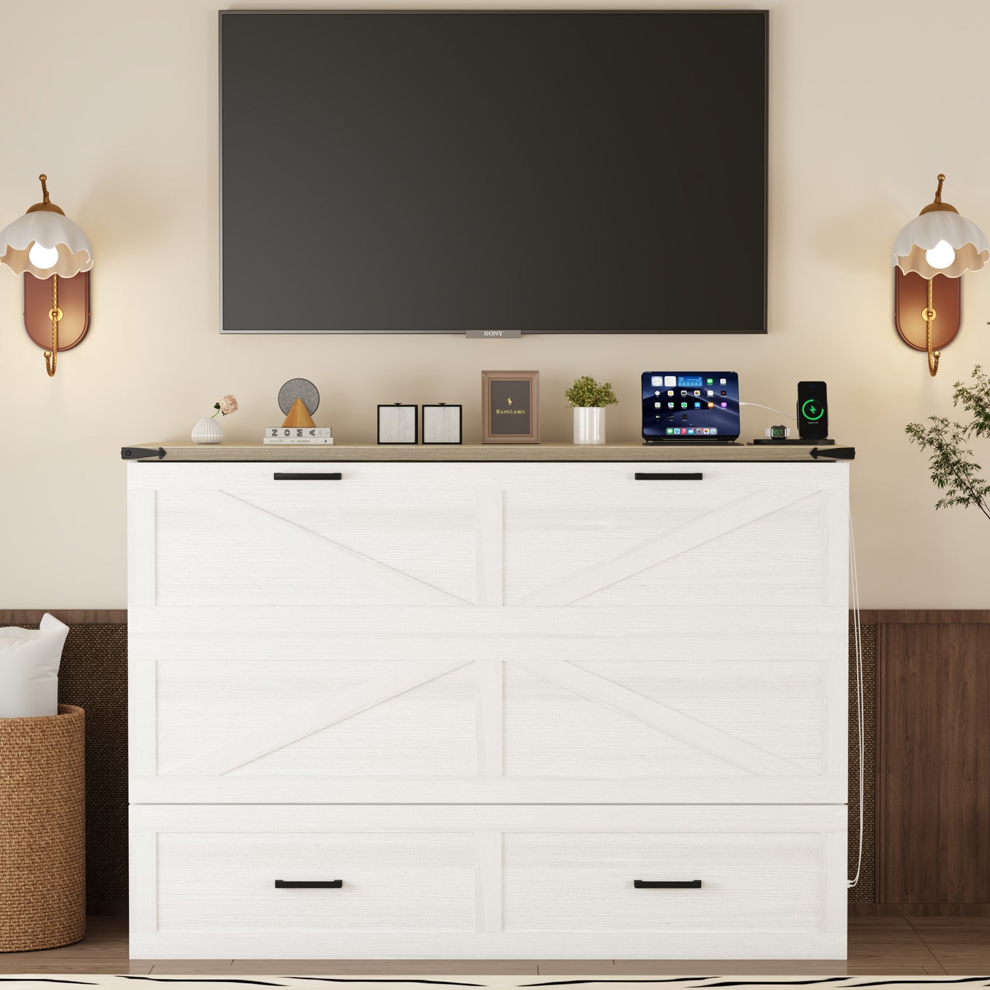Queen Size Farmhouse Murphy Cabinet Bed With Charging Station, Foldable Platform Bed With Large Storage Drawer For Guest-Room, Small Bedroom, White