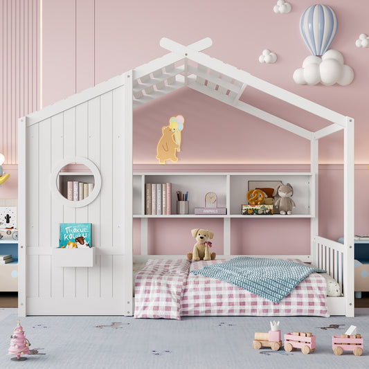 Twin Size Floor House Bed For Toddler, Kids Montessori Bed  With Storage Shelf, Playhouse Bed With Roof Design, White