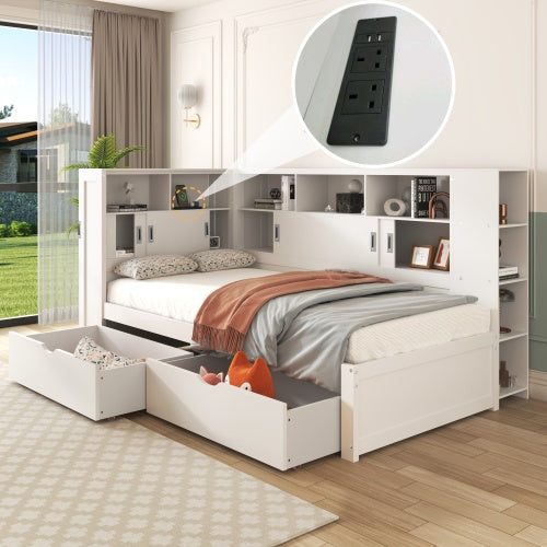 Platform Bed With Trundle  Bookcase  USB,Single Bed-3ft 90x190cm,Household Bed, Multifunctional Bed,with 2 Storage Drawers, Dust-proof Cabinet And Shelves, Large Storage Space,white
