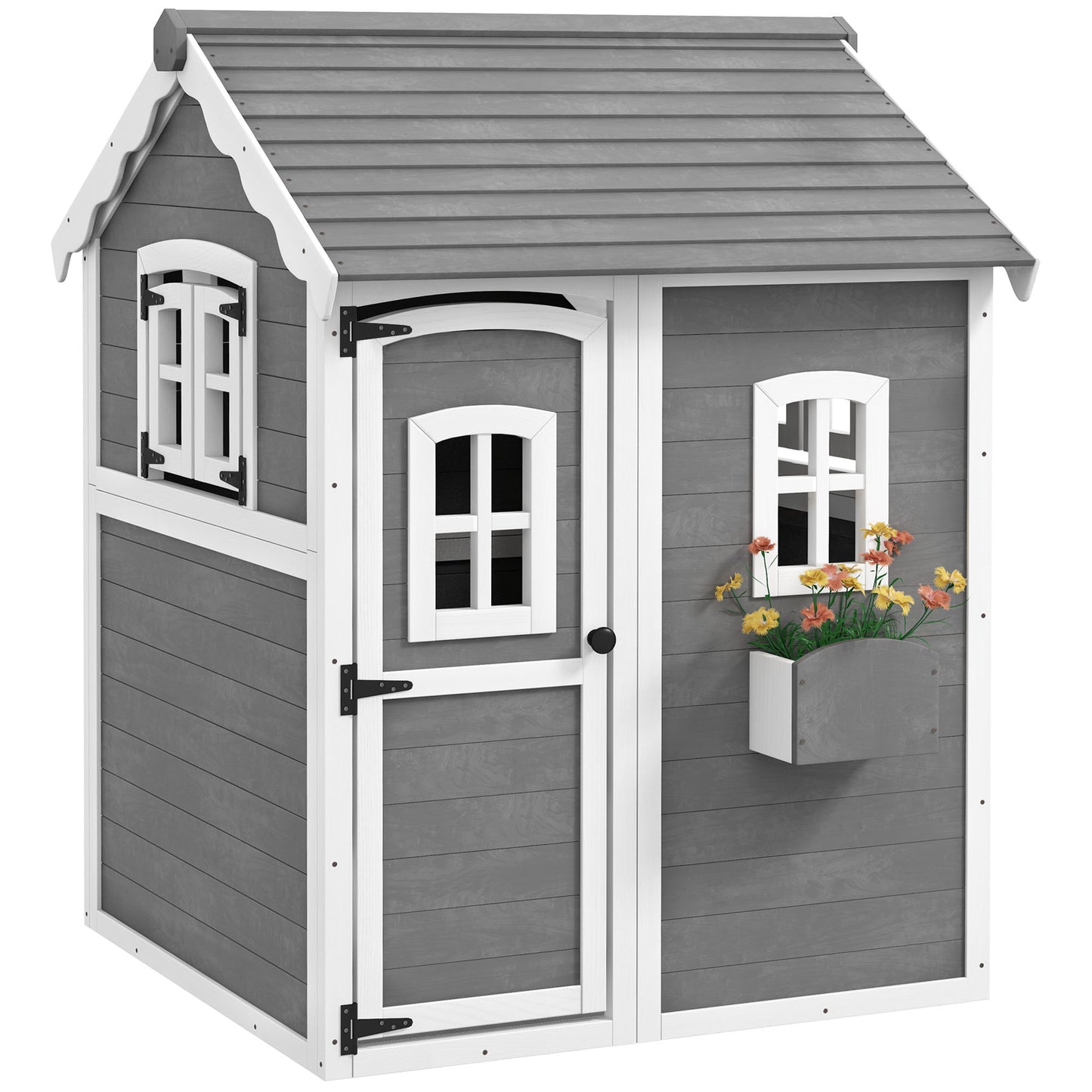 Outdoor Wooden Playhouse for Kids with Floor, Door, Windows, Planter Box for 3-8 Years Old, Backyard, Lawn, Garden