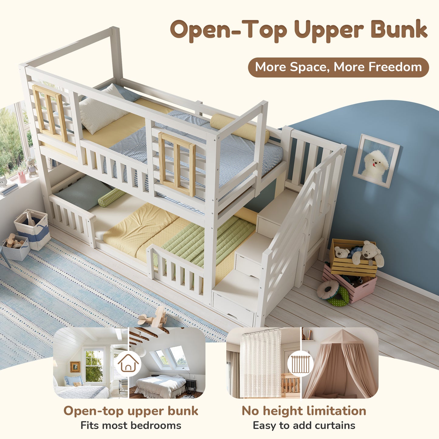 Bunk Beds For Kids, Wooden Cabin Bed With Staircase Storage, Multi-functional Tree-house Bed, Children's House Bed, Twin Sleeper  90 90  X 190 Cm, Solid Wood, White