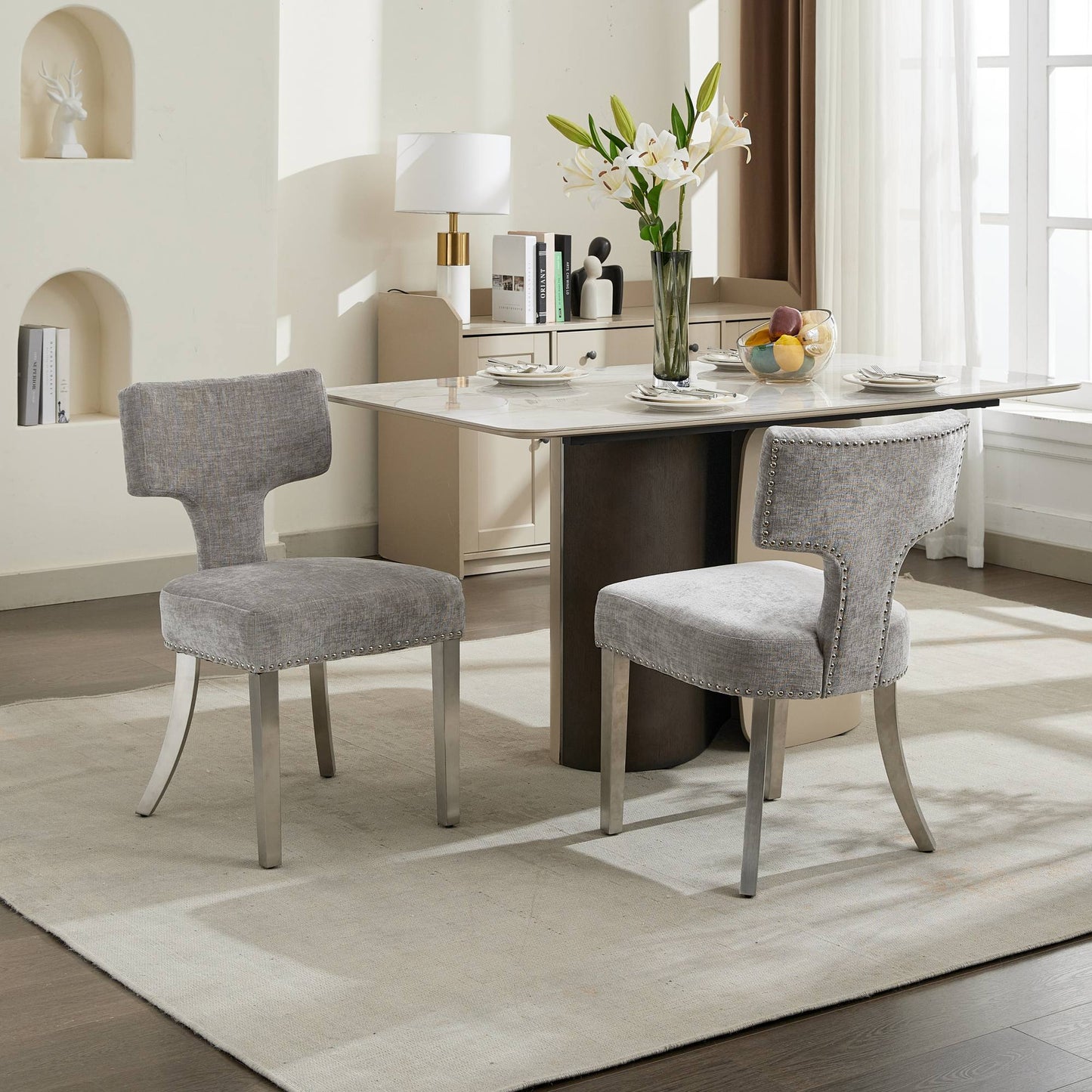 Mid Century Modern Dining Chairs Set Of 2, Farmhouse Chenille Fabric Upholstered Accent Chair Curved Backrest With Copper Nails Around,Kitchen Chairs With Silver Brushed Stainless Steel Legs, Gray