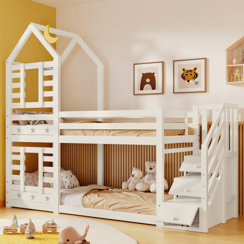 Bunk Bed Storage Children Cabin Bed Single Bed With Window For Kids, Twin Sleeper 190x90 Cm, Solid Pine Wood,3FT -White