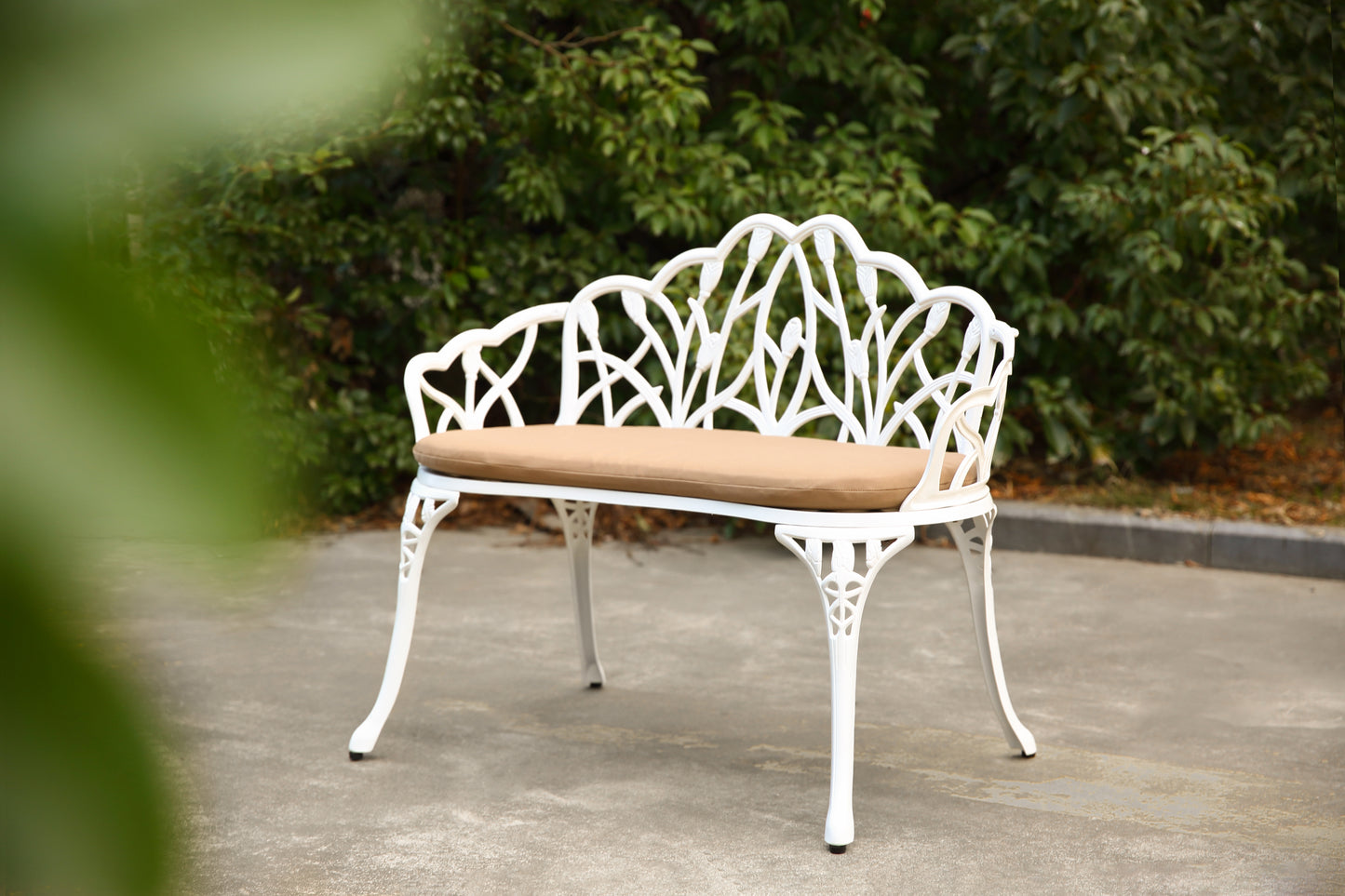 Tulip Patio Garden Bench Metal Park Bench Cast Aluminum Outdoor Furniture With Floral Rose For Patio,Park,Lawn,Yard With Cushion