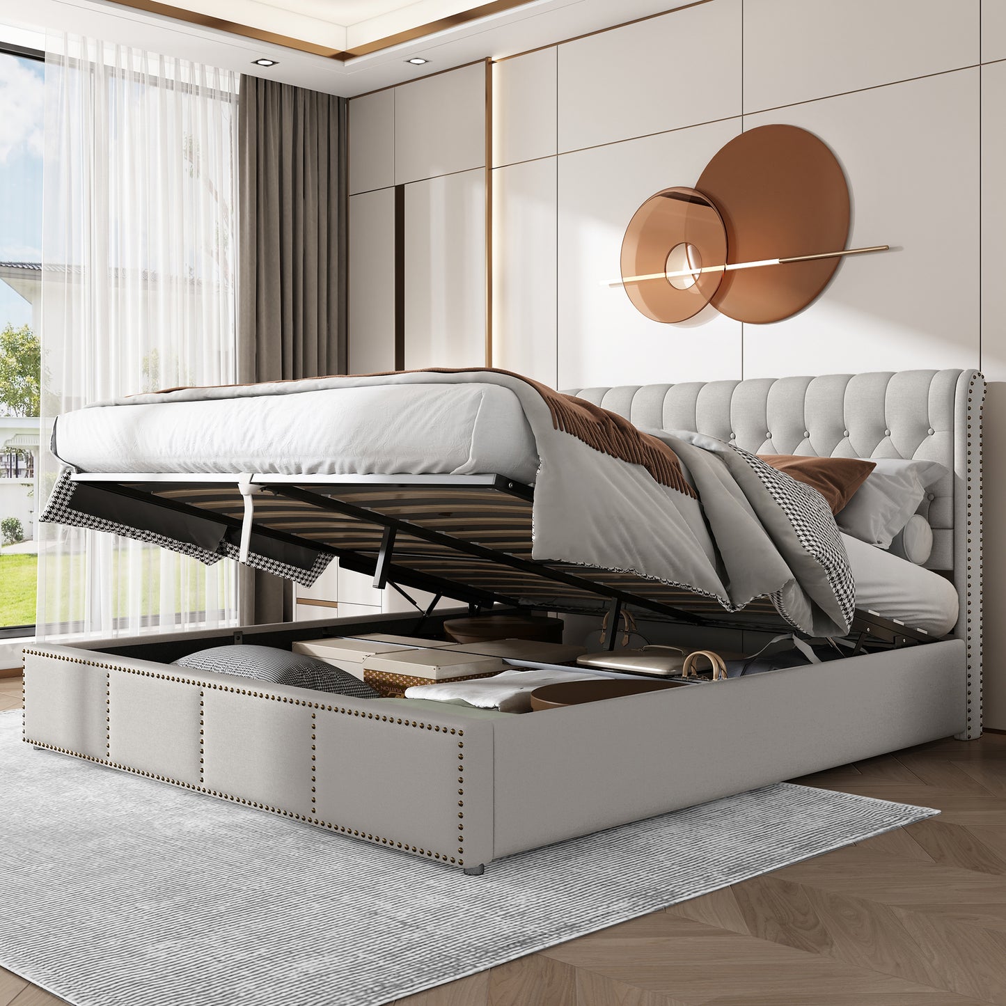 Upholstered Bed,King Size Bed-5ft 150x200cm,with Hydraulic Lever, Functional Storage Bed, Rivet Decoration, Without Mattress, Linen, Light Grey
