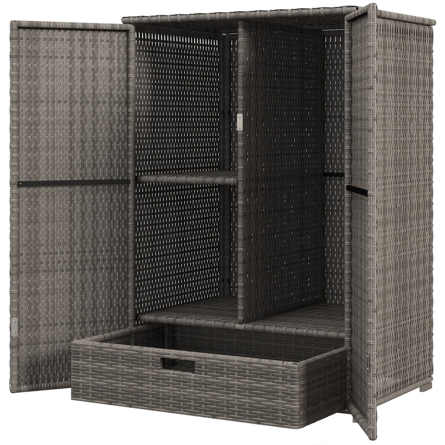 Outdoor Storage Cabinet with Shelves, Rattan Pool Towel Storage Cabinet with Removable Shelf & Drawer, Dark Gray